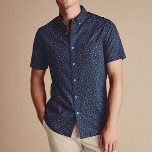 Charles Tyrwhitt | Non-Iron Stretch Short Sleeve | Large | Slim | Floral Navy